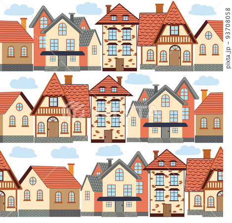 Seamless pattern of funny houses. Densely populated city. 93708058