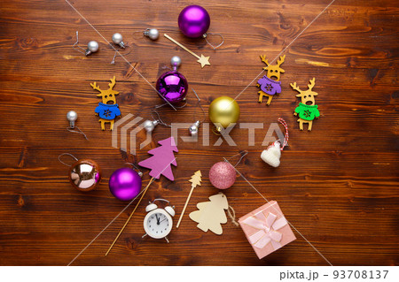 Merry Christmas 2023 background decorations. Festive Xmas and New Year concept. Top view. 93708137