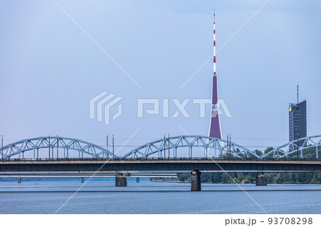 Riga Railway bridge with TV tower in background. Riga Railway bridge with TV tower in background. 93708298