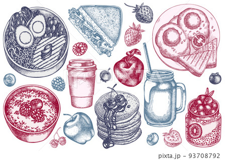 Breakfast hand drawn vector illustrations collection. Stylized sandwich, pancakes, bowl with avocado, porridge with berries, chia pudding, fried eggs, raspberry, blueberry, strawberry, apples, paper 93708792