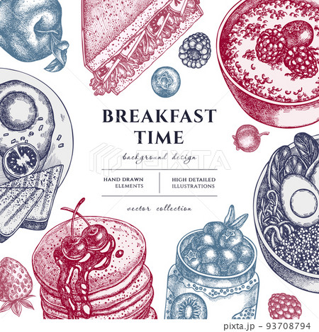 Breakfast hand drawn illustration design. Background with vintage sandwich, pancakes, bowl with avocado, porridge with berries, chia pudding, fried eggs, raspberry, blueberry, strawberry, apples. Breakfast hand drawn illustration design. Background with vintage sandwich, pancakes, bowl with avocado, porridge with berries, chia pudding, fried eggs, raspberry, blueberry, strawberry, apples. 93708794