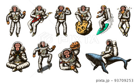 Monkey astronaut with whale, guitar, skateboard and moon. Chimpanzee spaceman cosmonaut characters 93709253