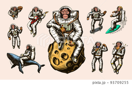 Monkey astronaut with whale, guitar, skateboard and moon. Chimpanzee spaceman cosmonaut characters 93709255