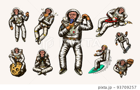Monkey astronaut with whale, guitar, skateboard and moon. Chimpanzee spaceman cosmonaut characters 93709257