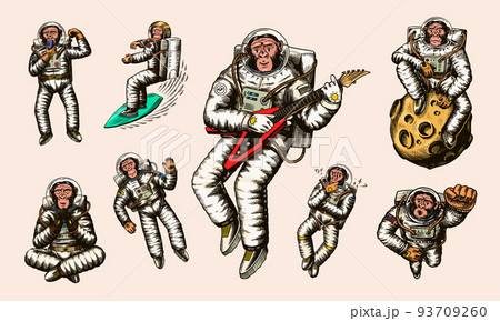 Monkey astronaut with whale, guitar, skateboard and moon. Chimpanzee spaceman cosmonaut characters 93709260