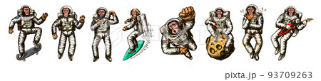 Monkey astronaut with whale, guitar, skateboard and moon. Chimpanzee spaceman cosmonaut characters 93709263