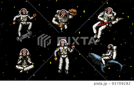 Monkey astronaut with whale, guitar, skateboard and moon. Chimpanzee spaceman cosmonaut characters 93709282