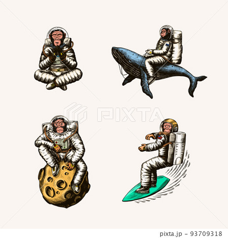 Monkey astronaut with whale, guitar, skateboard and moon. Chimpanzee spaceman cosmonaut characters 93709318