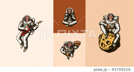 Monkey astronaut with whale, guitar, skateboard and moon. Chimpanzee spaceman cosmonaut characters 93709326
