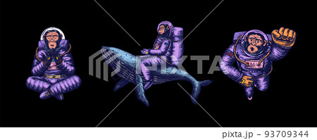 Monkey astronaut with whale, guitar, skateboard and moon. Chimpanzee spaceman cosmonaut characters 93709344