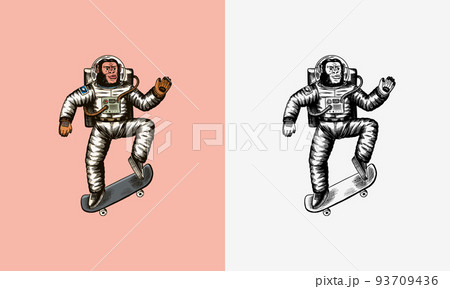 Monkey astronaut rides a skateboard. Chimpanzee soars on the board. Spaceman cosmonaut character 93709436