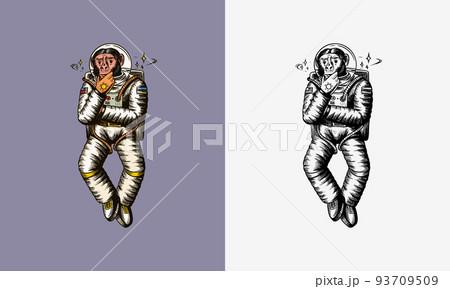 Monkey astronaut. Pensive thoughtful pose. Chimpanzee spaceman cosmonaut character. Fashionable 93709509