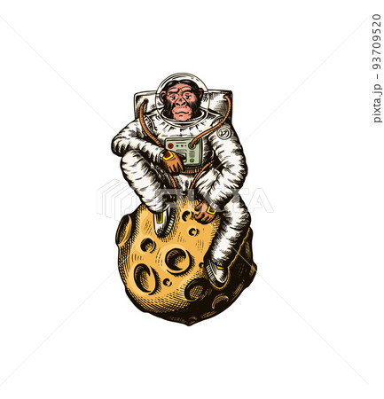 Monkey astronaut sitting on the moon. Chimpanzee spaceman cosmonaut. Fashionable animal character 93709520
