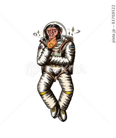 Monkey astronaut. Pensive thoughtful pose. Chimpanzee spaceman cosmonaut character. Fashionable 93709522