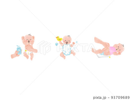 お風呂、おむつかえをする赤ちゃんのイラスト お風呂、おむつかえをする赤ちゃんのイラスト 93709689