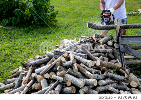 A man with a chainsaw splits logs into firewood Preparing firewood for the winter 93709693