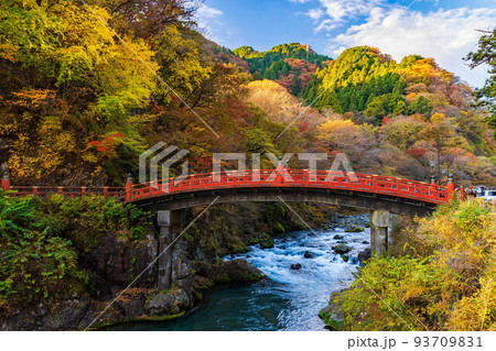 世界遺産「日光の社寺」構成資産　朝の神橋と紅葉 93709831