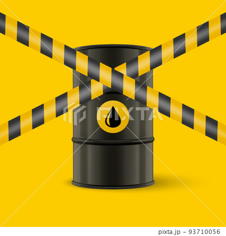 Oil Embargo. Vector 3d Realistic Metal Enamel Black Oil Barrel on Yellow. Crude Oil Embargo Concept Background 93710056