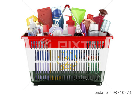 Shopping basket with Tajik flag full of cosmetic bottles, hair, facial skin and body care products. 3D rendering Shopping basket with Tajik flag full of cosmetic bottles, hair, facial skin and body care products. 3D rendering 93710274