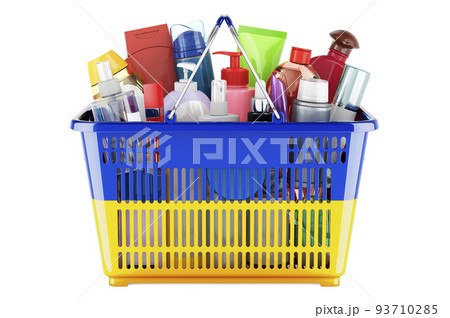 Shopping basket with Ukrainian flag full of cosmetic bottles, hair, facial skin and body care products. 3D rendering 93710285