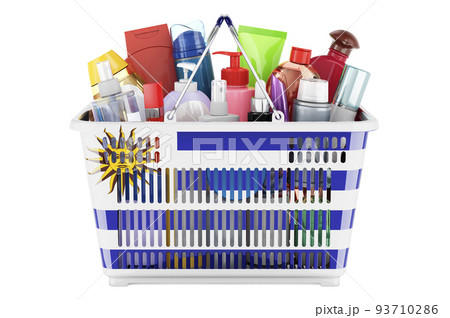 Shopping basket with Uruguayan flag full of cosmetic bottles, hair, facial skin and body care products. 3D rendering 93710286