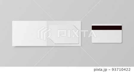 Vector 3d Realistic White Guest Room, Plastic Hotel Apartment Keycard, ID Card, Sale, Credit Card with Magnetic Strip. Design Template with Paper Cover Case, Wallet for Mockup, Branding. Top View 93710422