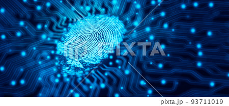 Future security technology. Fingerprint scan provides security access with binary code on deep blue colour background. Fingerprint Security Concept. 3D Render. Future security technology. Fingerprint scan provides security access with binary code on deep blue colour background. Fingerprint Security Concept. 3D Render. 93711019