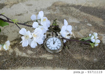 Vintage pocket watch and hour glass or sand timer, symbols of time with copy space 93711119