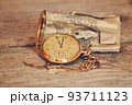 Vintage pocket watch and hour glass or sand timer, symbols of time with copy space 93711123
