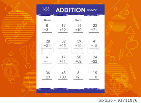 Basic math addition for kids. An educational worksheet for kids. Vector design 93711976