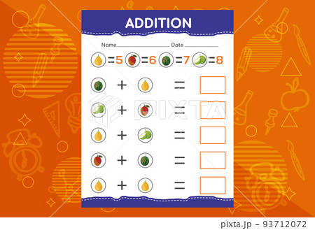 Addition with different fruits for kids. An educational worksheet for kids. Vector design Addition with different fruits for kids. An educational worksheet for kids. Vector design 93712072