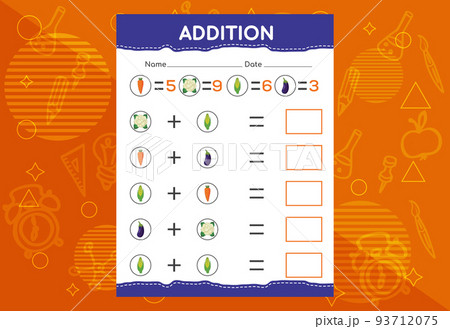 Addition with different fruits for kids. An educational worksheet for kids. Vector design Addition with different fruits for kids. An educational worksheet for kids. Vector design 93712075