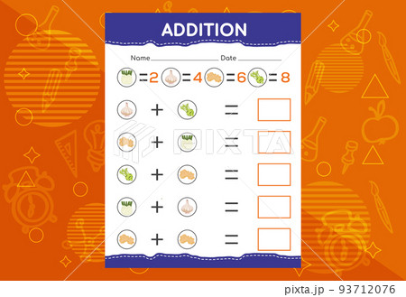 Addition with different fruits for kids. An educational worksheet for kids. Vector design 93712076
