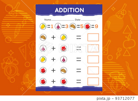 Addition with different fruits for kids. An educational worksheet for kids. Vector design Addition with different fruits for kids. An educational worksheet for kids. Vector design 93712077
