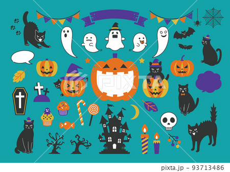 黒猫とハロウィンのイラストセット 黒猫とハロウィンのイラストセット 93713486