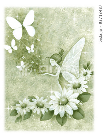花と妖精と蝶　手描きイラスト　緑 93713487