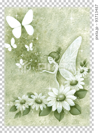 花、仙子和蝴蝶手繪插圖綠色 93713487