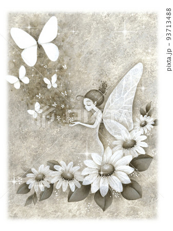 花と妖精と蝶 手描きイラスト グレーのイラスト素材