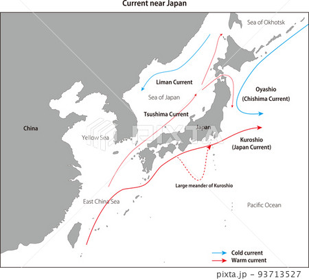 日本近海の海流図、黒潮、親潮、英語版 93713527