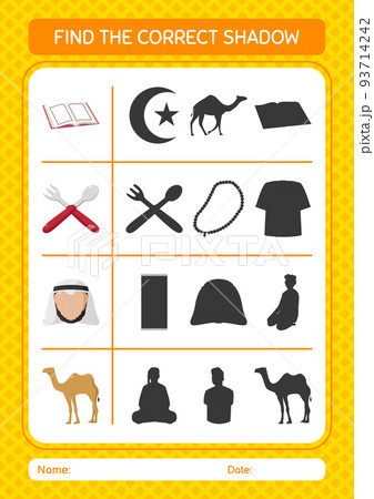 Find the correct shadows game with ramadan icon. worksheet for preschool kids, kids activity sheet 93714242