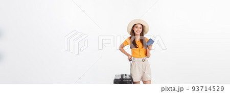 Full length of attractive young female in traveller casual with the travel bag, isolated on white background Full length of attractive young female in traveller casual with the travel bag, isolated on white background 93714529