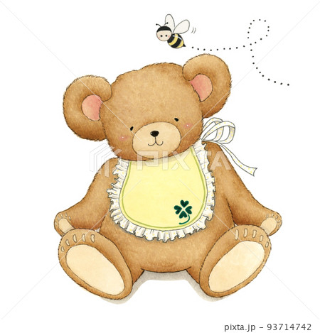 エプロンつけたかわいいテディベアとハチ　手描きイラスト 93714742
