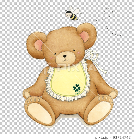 一隻穿著圍裙和蜜蜂手繪插圖的可愛泰迪熊 93714742