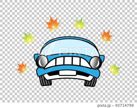 Illustration material of a comical blue car (coupe) surrounded by autumn leaves 93714799