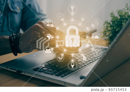 Casual Businessman Hand Touching Mobile Phone and Circle Lock Security Sign in Vintage Tone Casual Businessman Hand Touching Mobile Phone and Circle Lock Security Sign in Vintage Tone 93715453