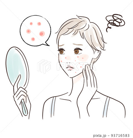 鏡を見る女性のイラスト　ニキビが気になる 93716583