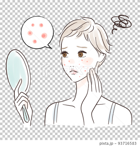 鏡を見る女性のイラスト　ニキビが気になる 93716583