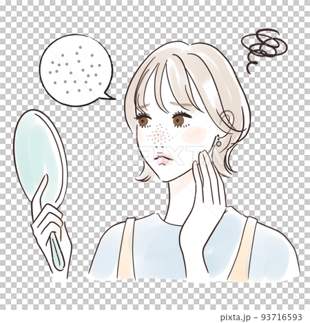 鏡を見る女性のイラスト　毛穴が気になる 93716593