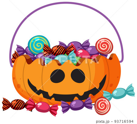 A halloween pumpkin basket with candy 93716594