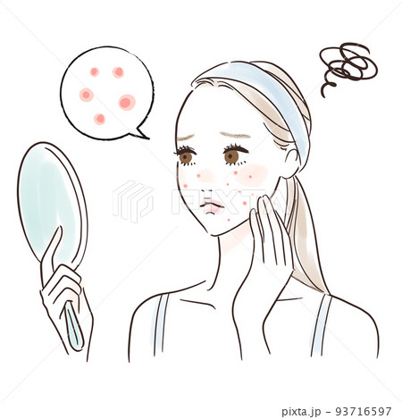 鏡を見る女性のイラスト　ニキビが気になる 93716597